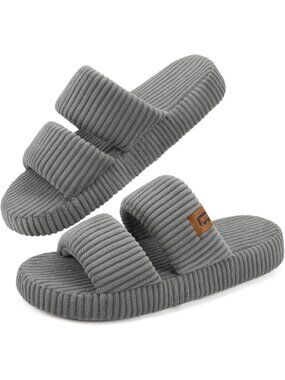 〽️Women's Grey Open Toe Flat Slippers Dual Strap Slide Comfortable House Shoes